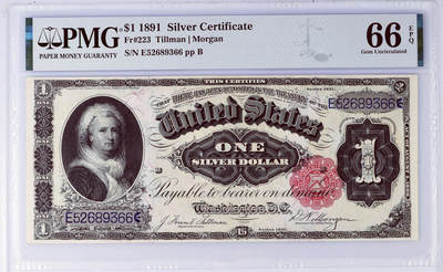 【Blue Auction】✨世界纸币精拍第528期【精】 -  【无47 亚军分】美国 1891年1美金 银币券 华盛顿妻子第一夫人——玛莎·华盛顿 是唯一出现在美国纸币上的现实生活中的女人肖像 PMG66EPQ 高分 （1106张评级记录中仅9张更高分）​​