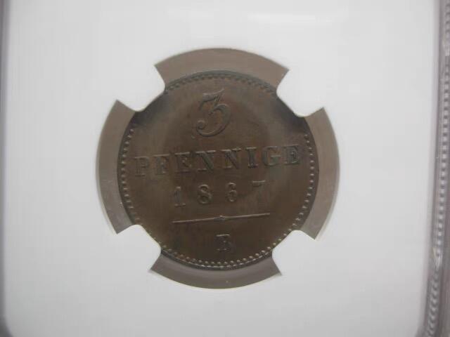 【冠军】NGC-MS62BN德国-瓦尔德克-皮尔蒙特1867年B一年版3芬尼