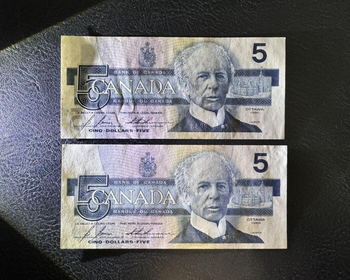 收藏联盟Quantum Auction 第369期拍卖  加拿大1986年5元和1989年10元 品相分别为UNC-和AU+