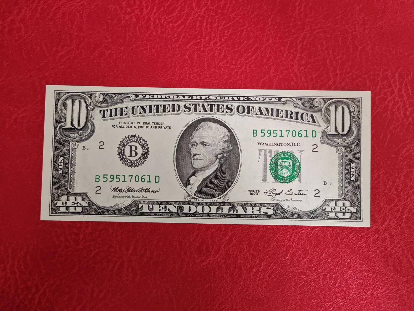 美国纸币 1993年 小头10美元纸币 无4 全新UNC  