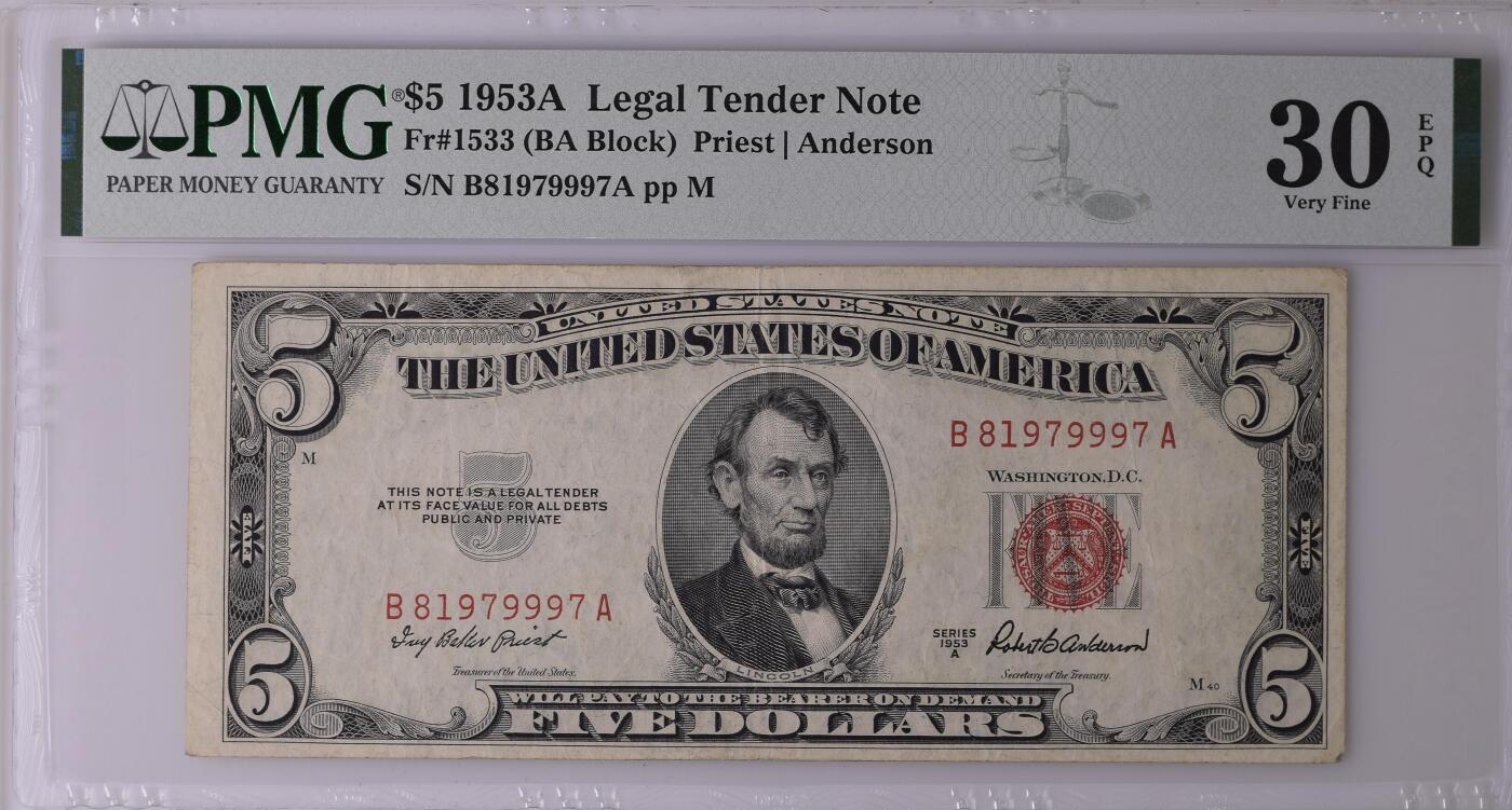 PMG评级美元专场 豹子身序列号:B81979997A 5美元红库印战争券Legal Tender Note, $5 1953A Small Size