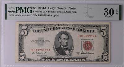 PMG评级美元专场 - 豹子身序列号:B81979997A 5美元红库印战争券Legal Tender Note, $5 1953A Small Size