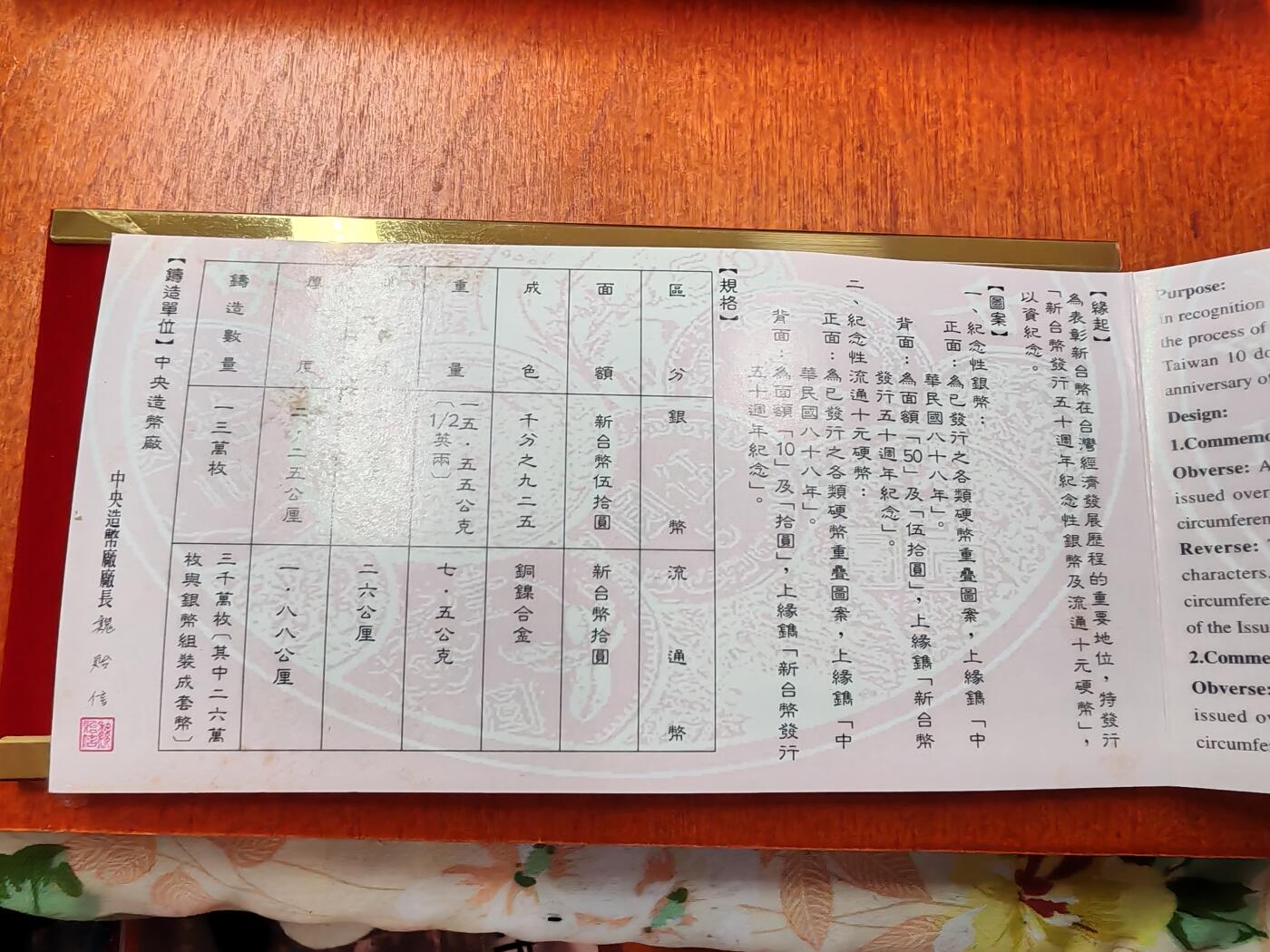 长老汇龙年精选第二十三场拍卖 1999（民国88）中国台湾新台币发行50周年2枚10元精制铜镍币+1枚50元精制银币，盒证全，币中币