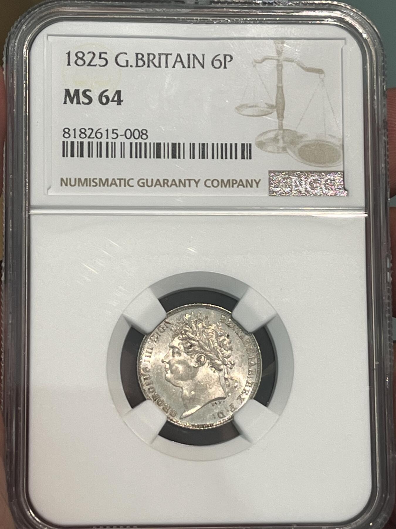 NGC-MS64 1825英国乔四盾徽6便士银币 车轮光