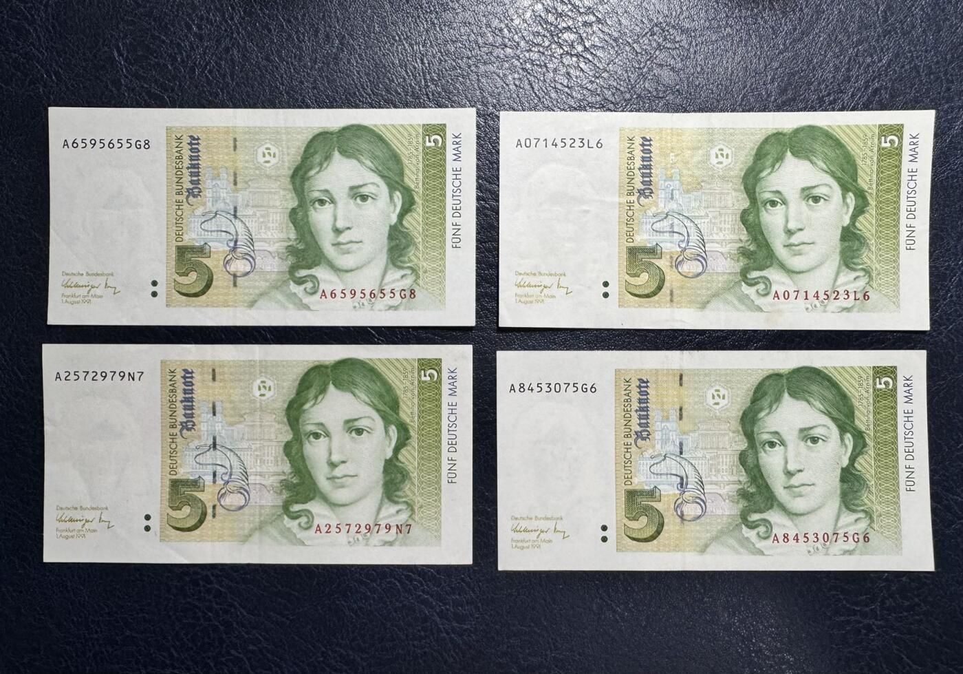 收藏联盟Quantum Auction 第369期拍卖  德国联邦1991年5马克A冠4张 品相如图