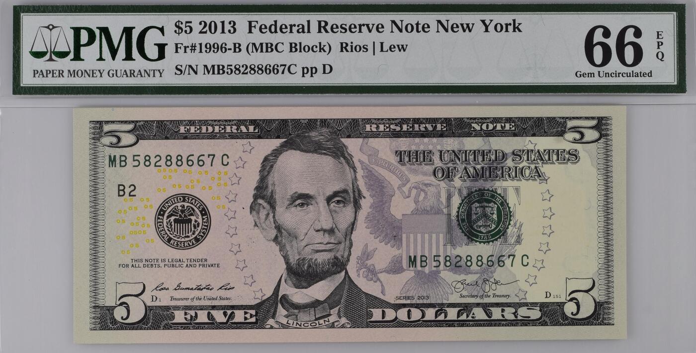 PMG评级美元专场 彩色初版MB58288667C 5美元绿库印联邦券Federal Reserve Note New York, $5 2013 Small Size