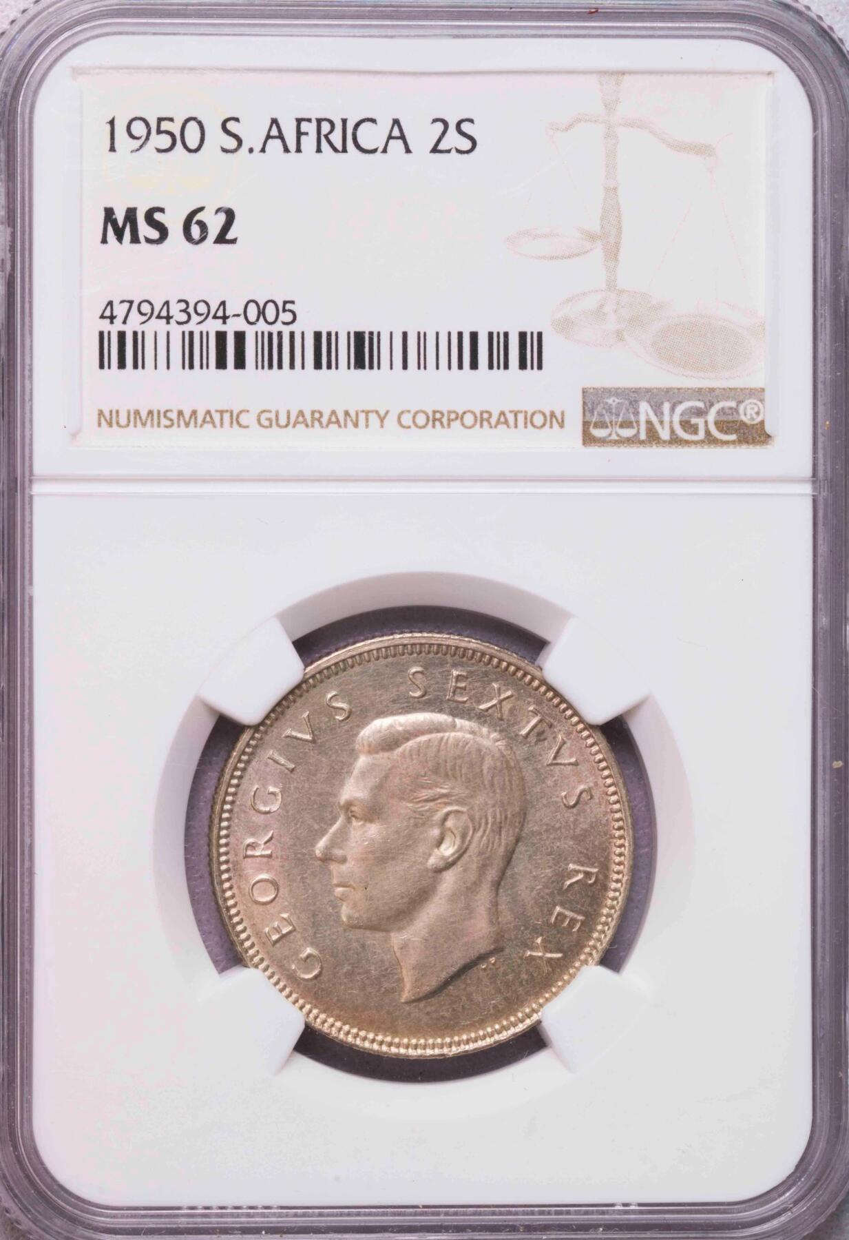 NGC-MS62 1950南非乔六2先令银币 特年
