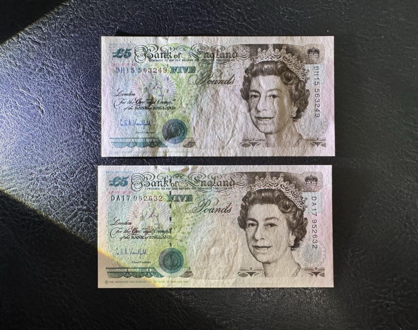 收藏联盟Quantum Auction 第369期拍卖  英国1991-98年5镑两张 品相UNC 皇冠版 尾号249票面有轻微拿捏痕