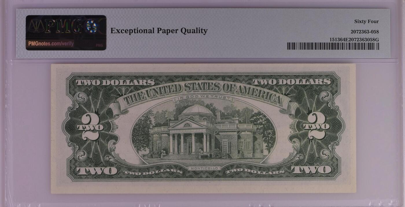 PMG评级美元专场 AA首发冠A05251372A 2美元红库印战争券Legal Tender Note, $2 1963 Small Size