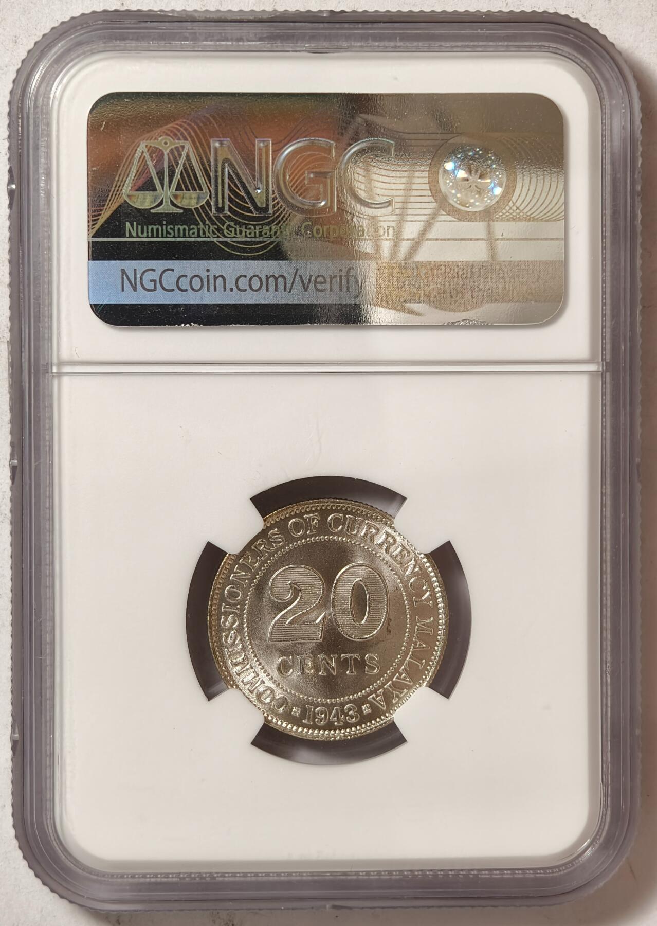 紫瑗钱币——第460期 马来亚 1943年 乔治六世 20分 银币 NGC MS64