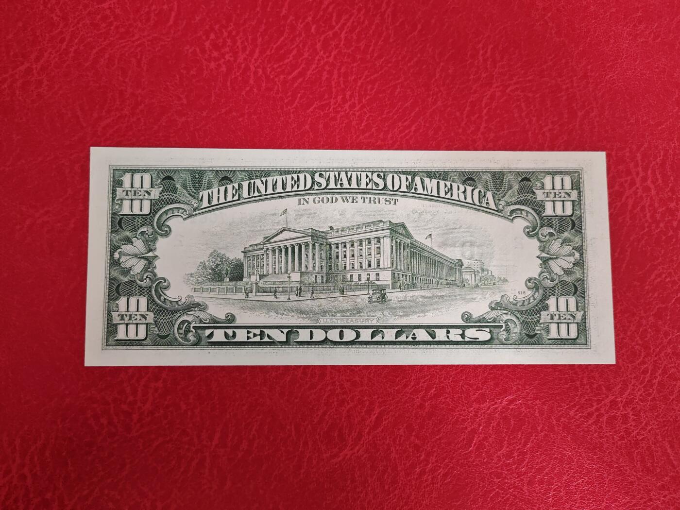 美国纸币 1993年 小头10美元纸币 无4 全新UNC  