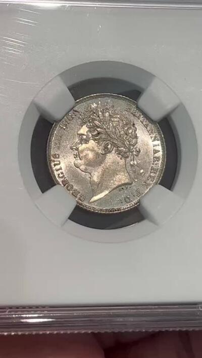 NGC-MS64 1825英国乔四盾徽6便士银币 车轮光