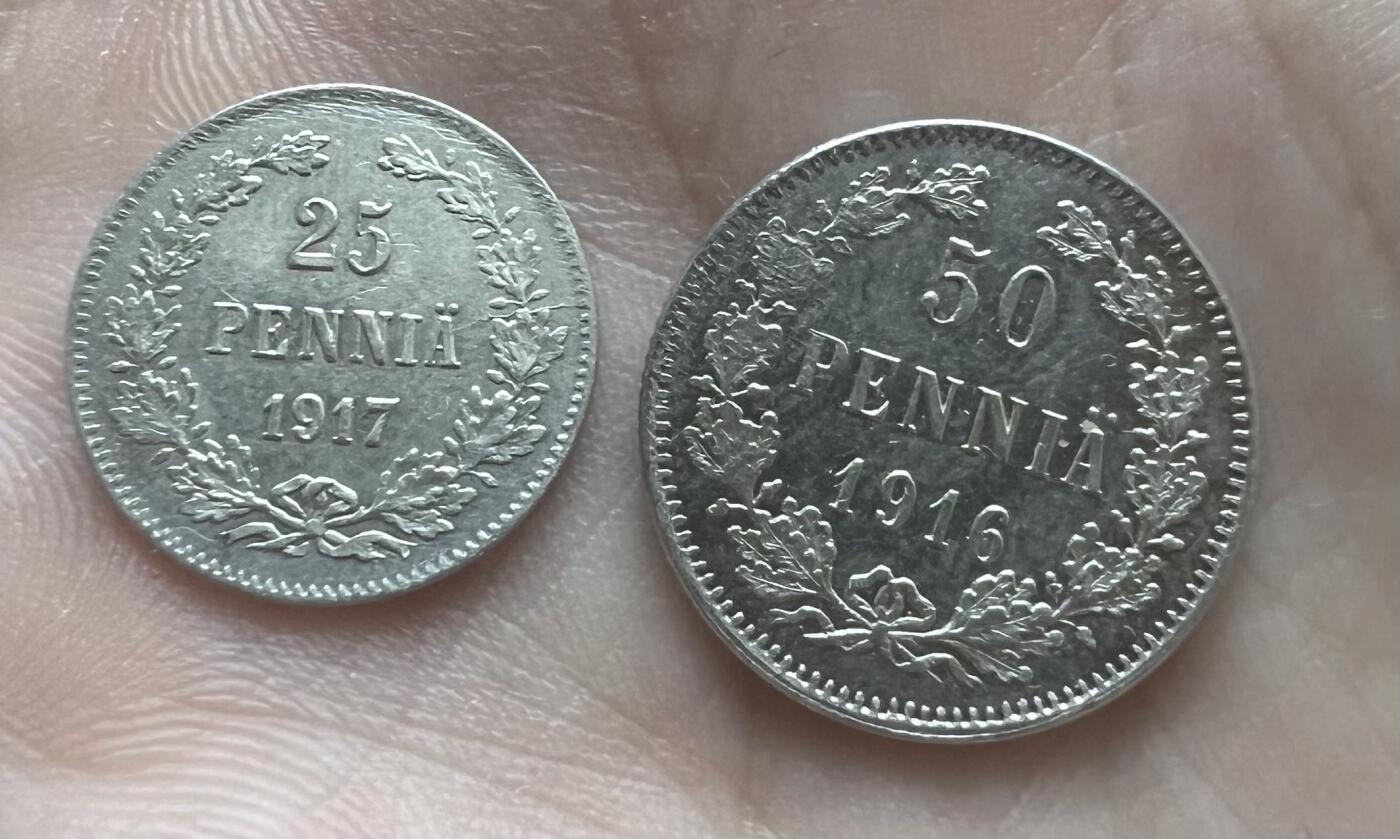 欧洲银币专场第三期全场包邮 芬兰（大公国）1916，1917两枚小银币一对