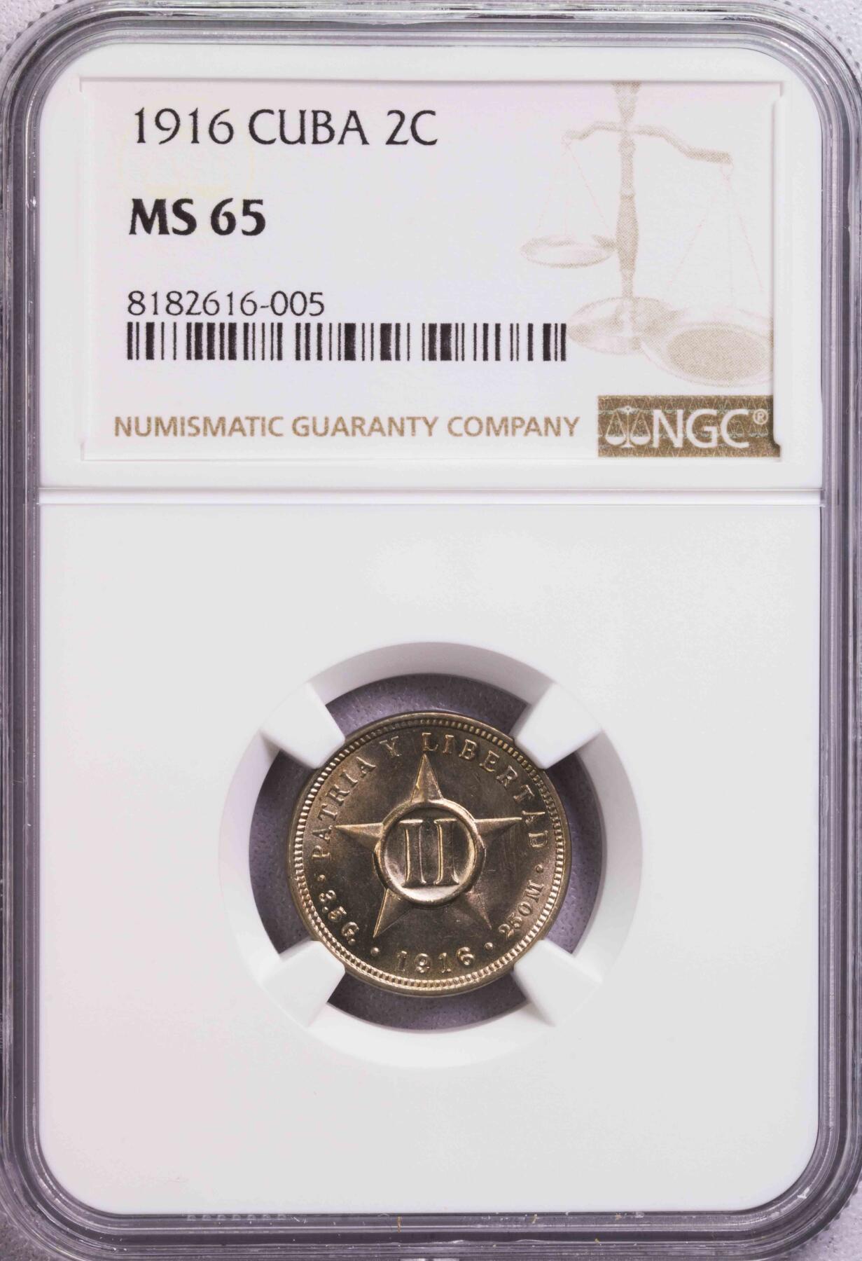 NGC-MS65 1916古巴2分镍币首版完美品