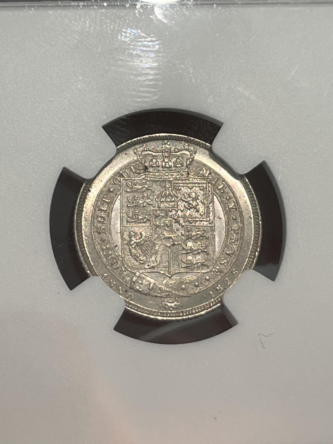 NGC-MS64 1825英国乔四盾徽6便士银币 车轮光