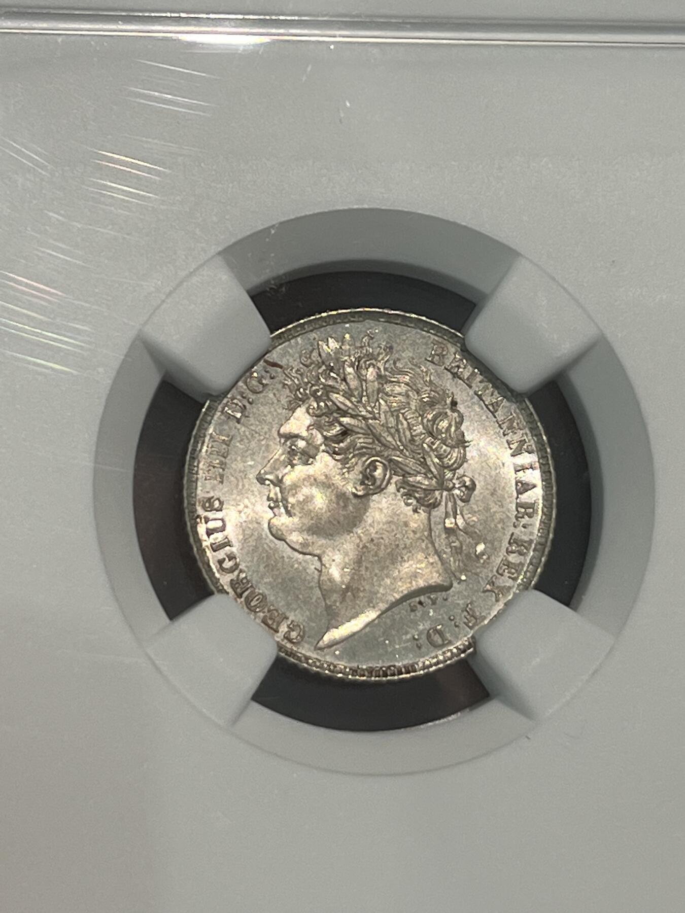 NGC-MS64 1825英国乔四盾徽6便士银币 车轮光