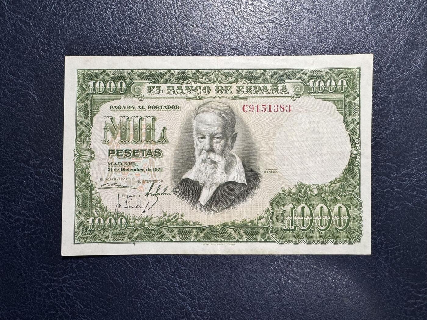 收藏联盟Quantum Auction 第369期拍卖  西班牙1951年1000比塞塔 品相AU  西班牙画家 华金 世界名画《瓦伦西亚的婚礼》