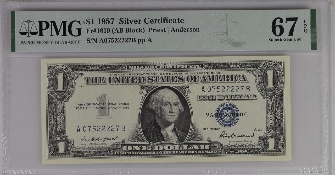 PMG评级美元专场 狮子身序列号:A07522227B 1美元蓝库印银圆券Silver Certificate, $1 1957 Small Size
