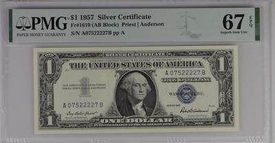 PMG评级美元专场 - 狮子身序列号:A07522227B 1美元蓝库印银圆券Silver Certificate, $1 1957 Small Size