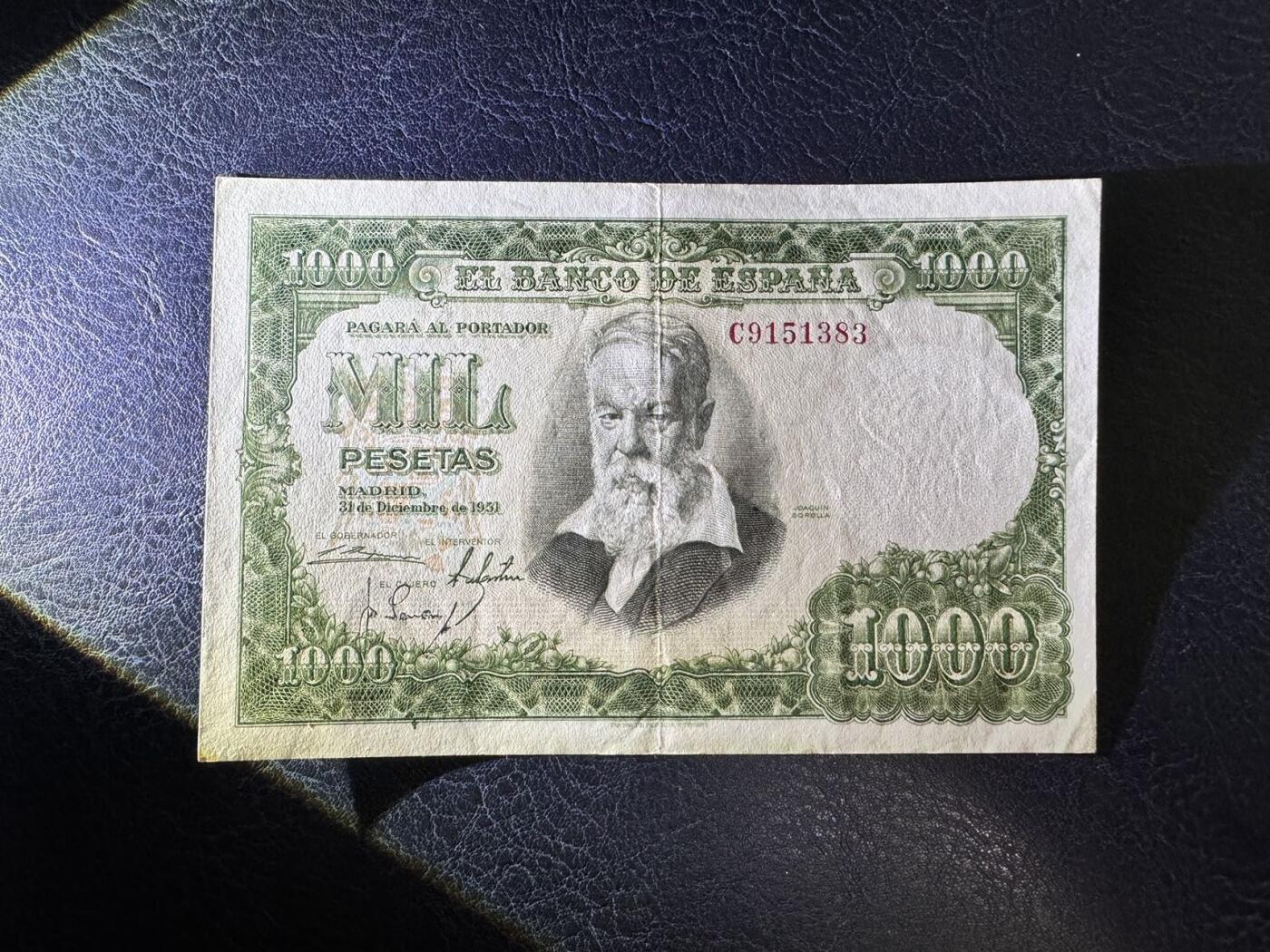 收藏联盟Quantum Auction 第369期拍卖  西班牙1951年1000比塞塔 品相AU  西班牙画家 华金 世界名画《瓦伦西亚的婚礼》
