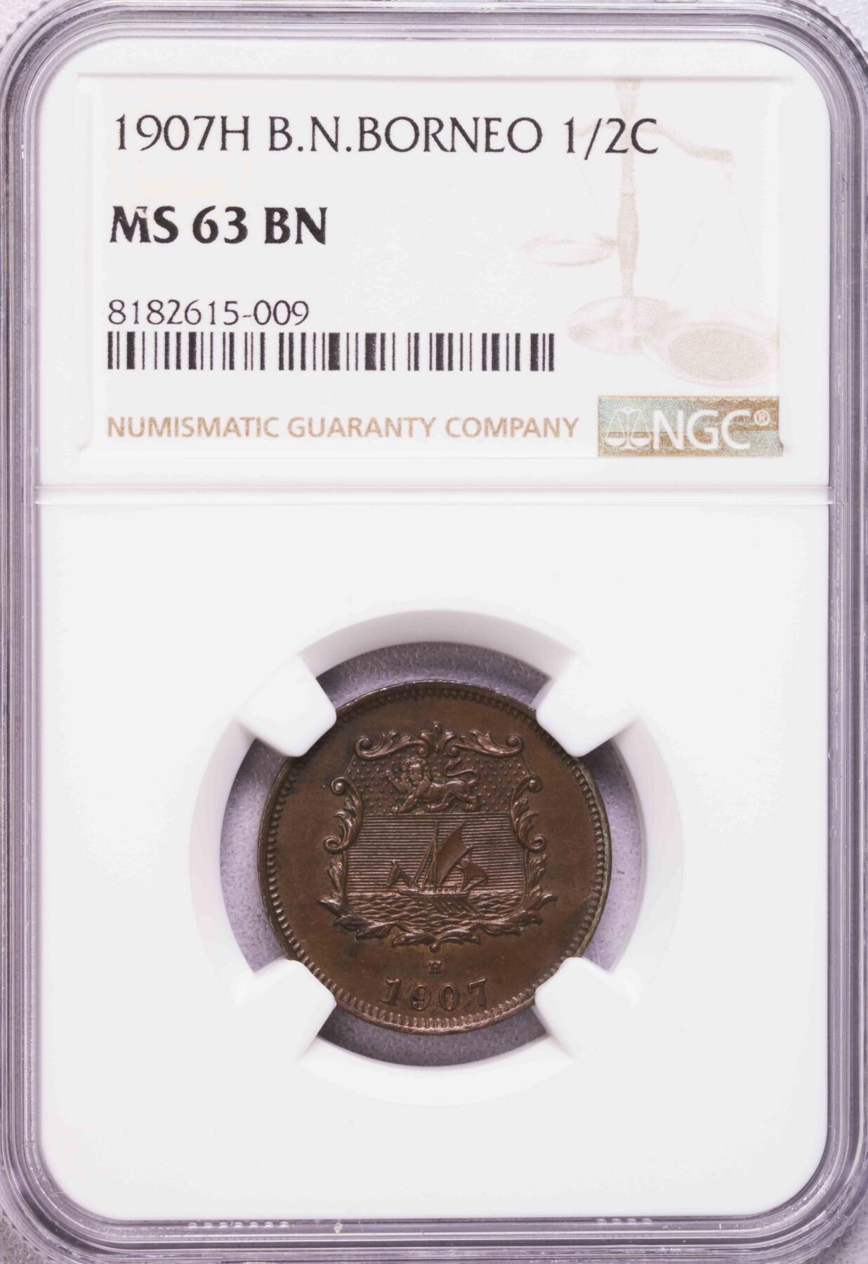 NGC-MS63BN 1907H北婆罗洲洋元半分铜币大特年