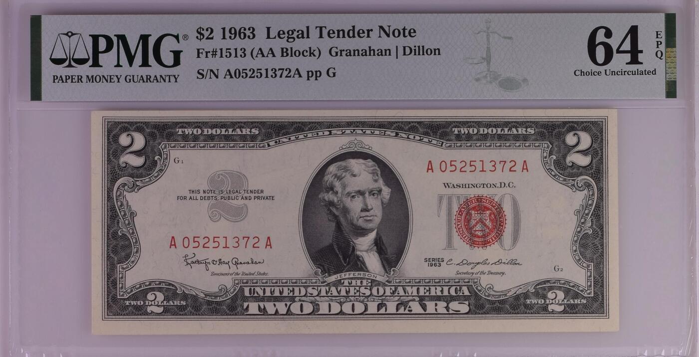 PMG评级美元专场 AA首发冠A05251372A 2美元红库印战争券Legal Tender Note, $2 1963 Small Size