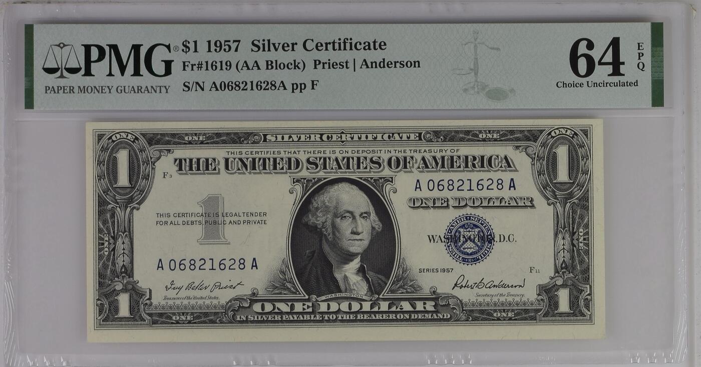 PMG评级美元专场 AA首发冠A06821628A 1美元蓝库印银圆券Silver Certificate, $1 1957 Small Size