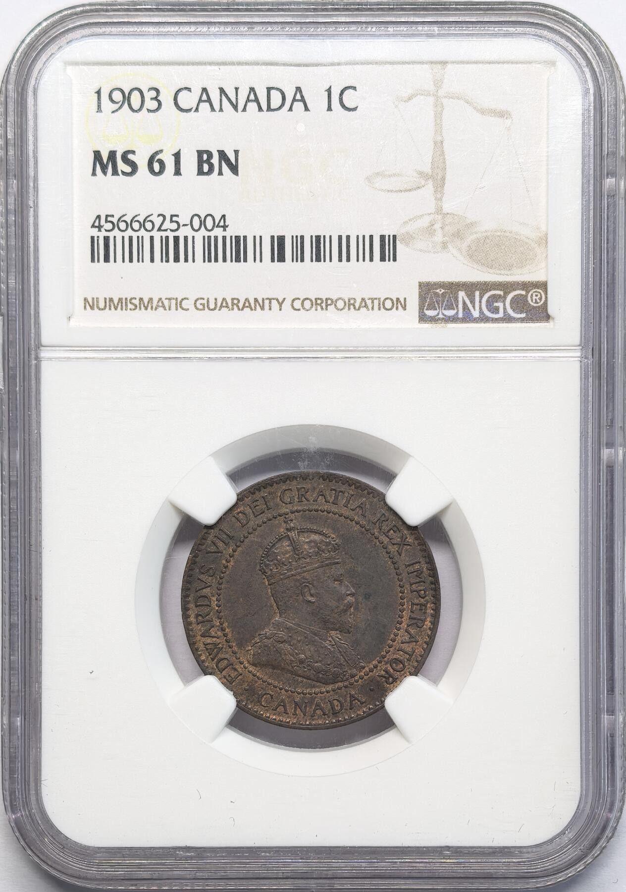凡希社世界钱币微拍第二百八十一期 1903加拿大爱七1分铜币NGC-MS61，状态极佳。