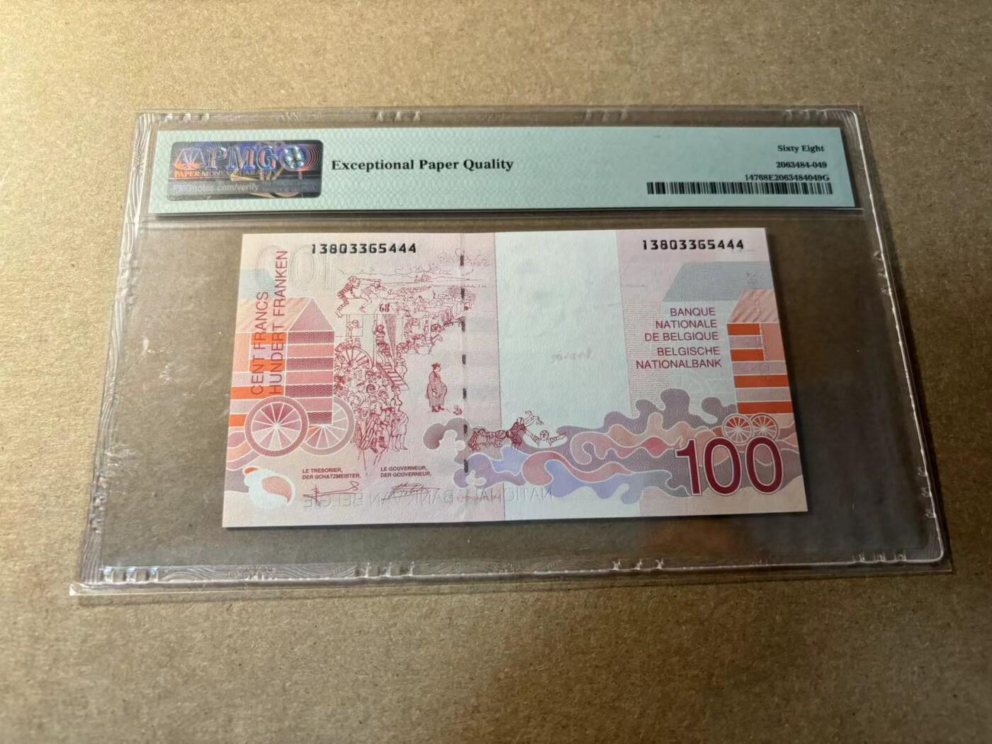 【Blue Auction】✨世界纸币精拍第529期【精】 【444豹子号】比利时 1995-2001年100法郎 PMG68EPQ 超高分