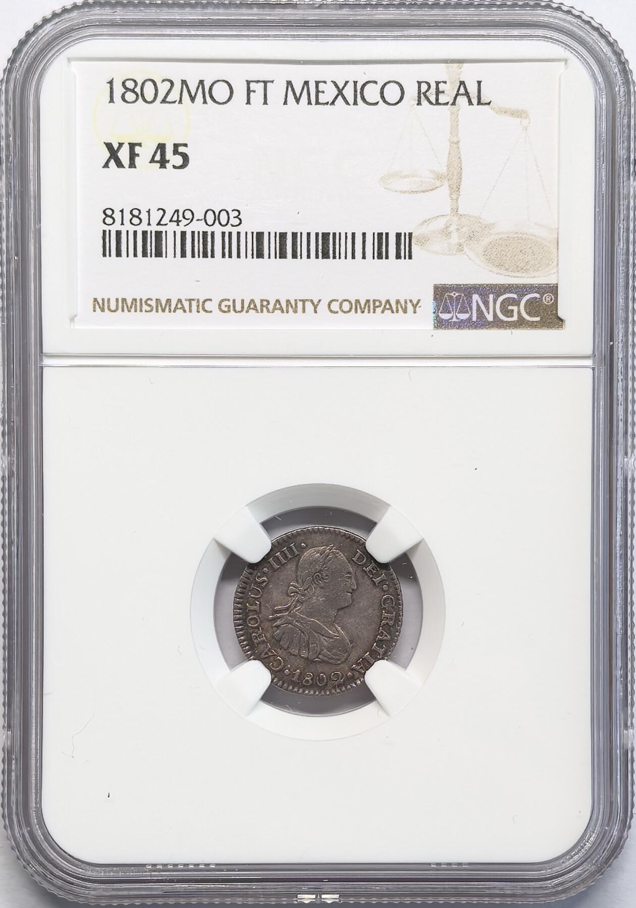 凡希社世界钱币微拍第二百八十一期 1802MO墨西哥卡四Real银辅币NGC-XF45