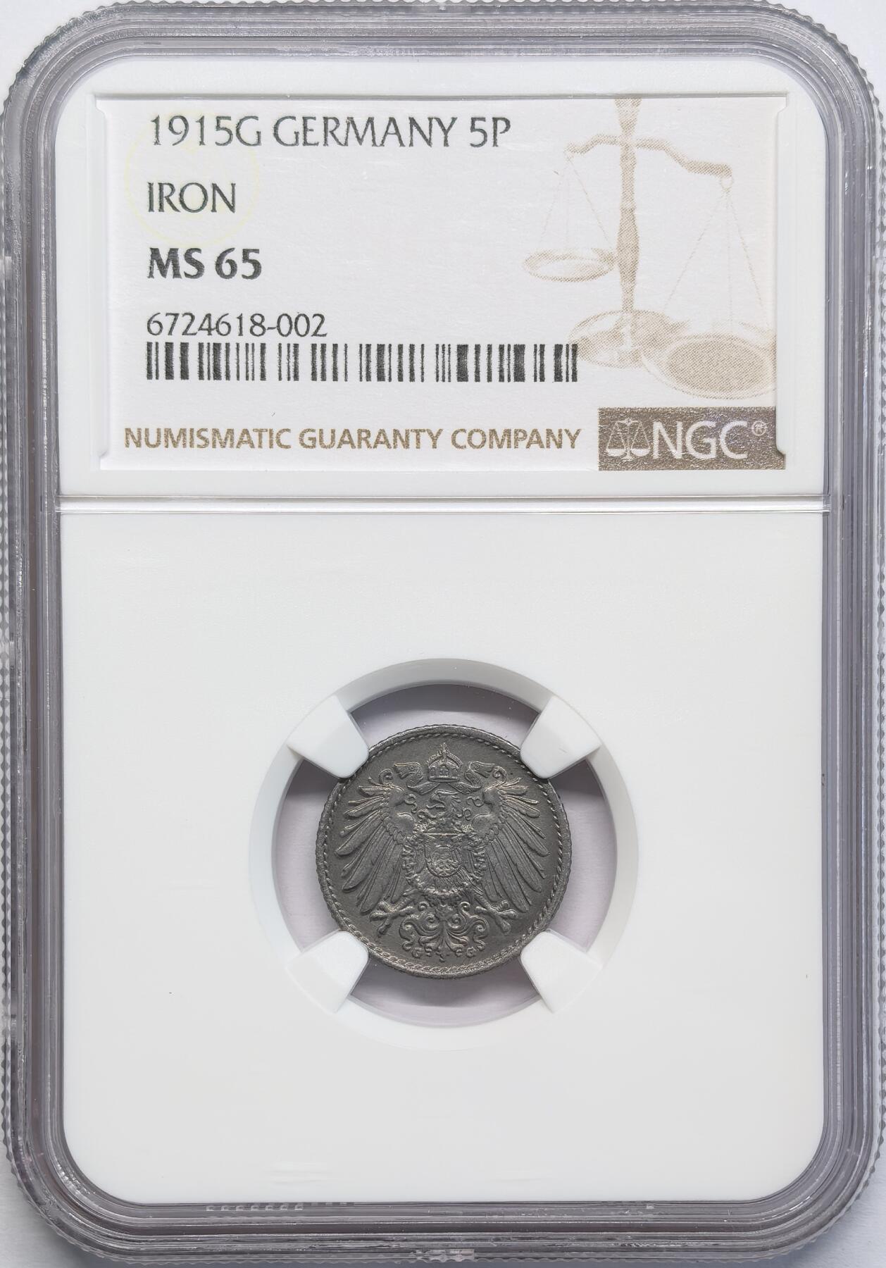 凡希社世界钱币微拍第二百八十一期 1915G德国5芬尼铁币NGC-MS65，难得一见，没有任何氧化和腐蚀的收藏级铁币样本！