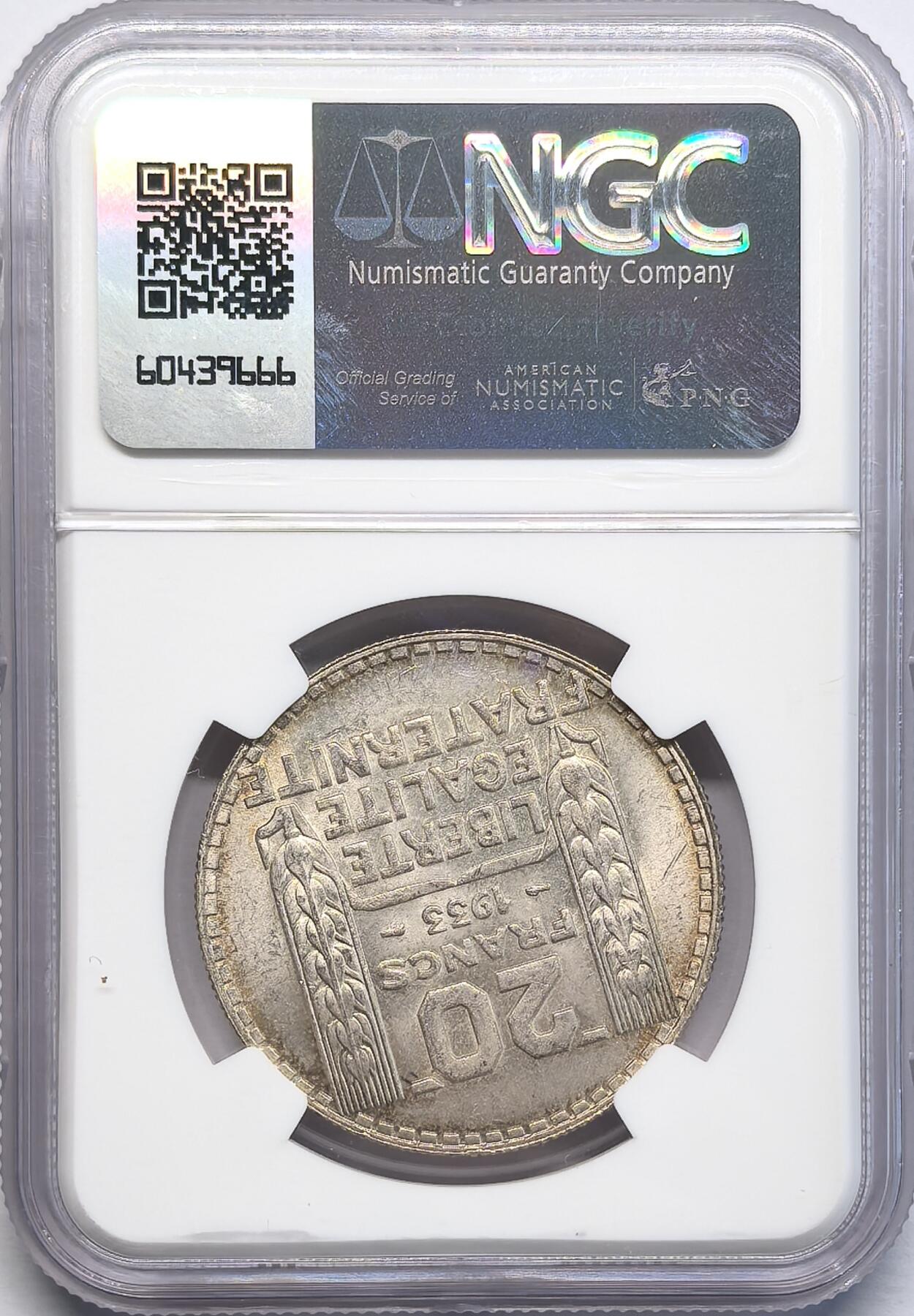 凡希社世界钱币微拍第二百八十一期 1933法国自由帽20法郎大银NGC-MS63