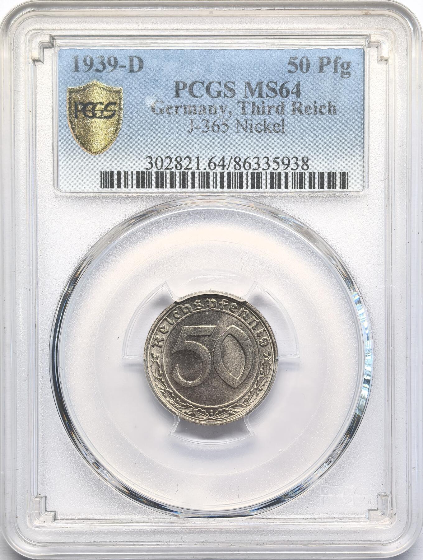 凡希社世界钱币微拍第二百八十一期 1939德国50芬尼镍币PCGS-MS64