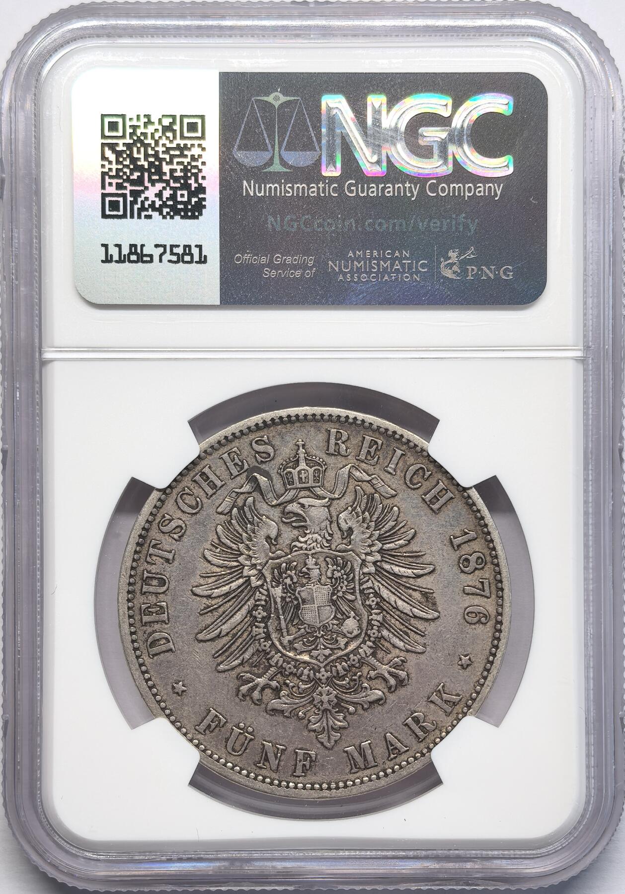 凡希社世界钱币微拍第二百八十一期 1876A德国普鲁士5马克短翅鹰NGC-XF40