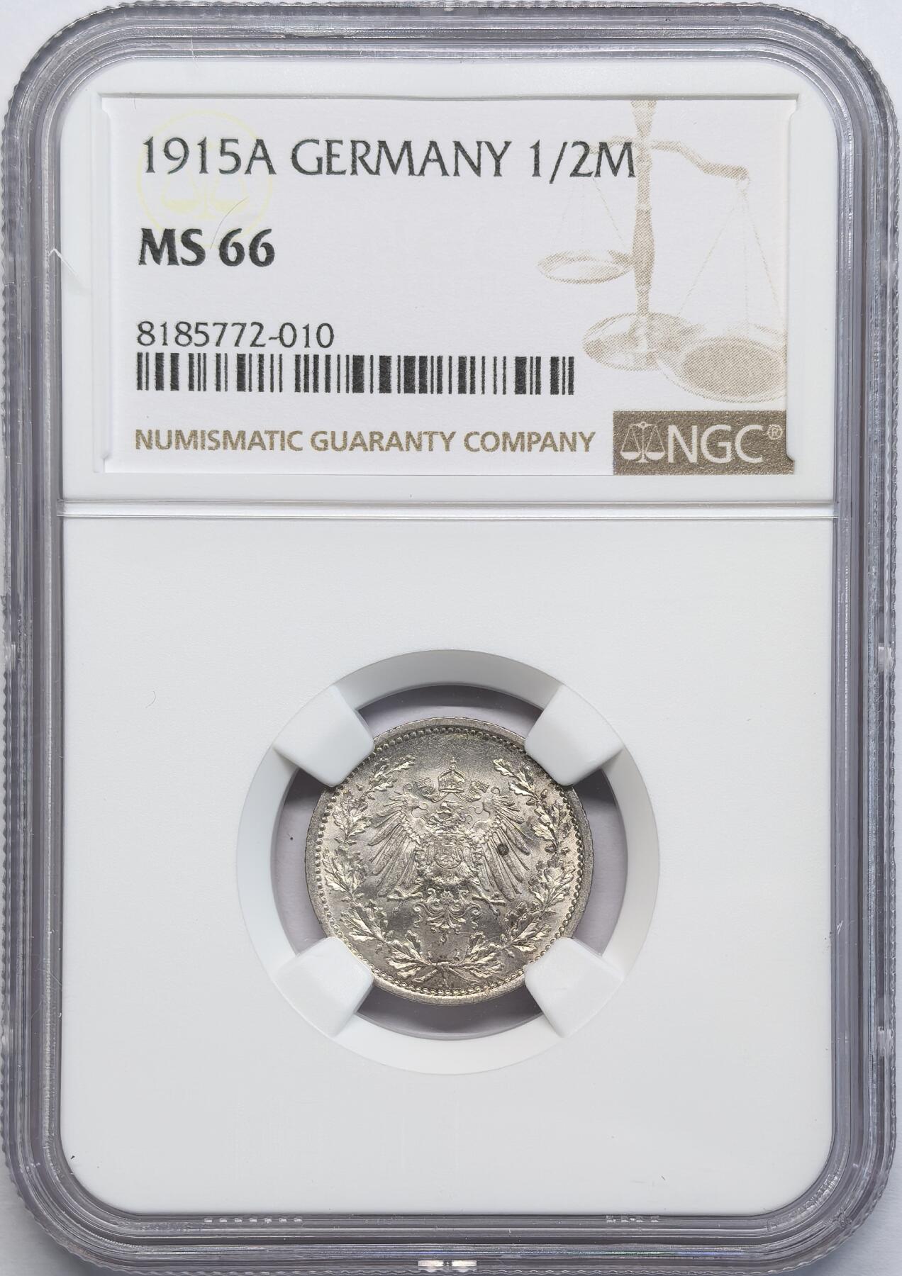 凡希社世界钱币微拍第二百八十一期 1915A德国1/2马克银币NGC-MS66