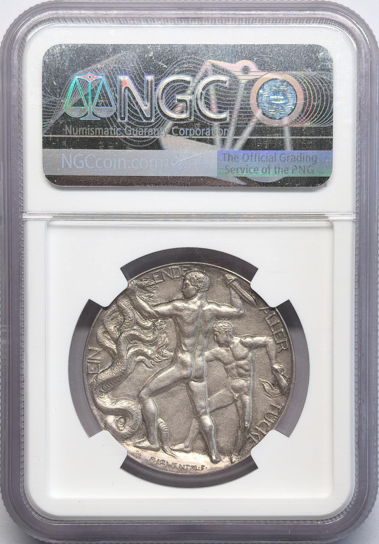 凡希社世界钱币微拍第二百八十一期 1914德国一战纪念银章NGC-MS64，正面德奥皇双头像，背面持剑斩龙图。