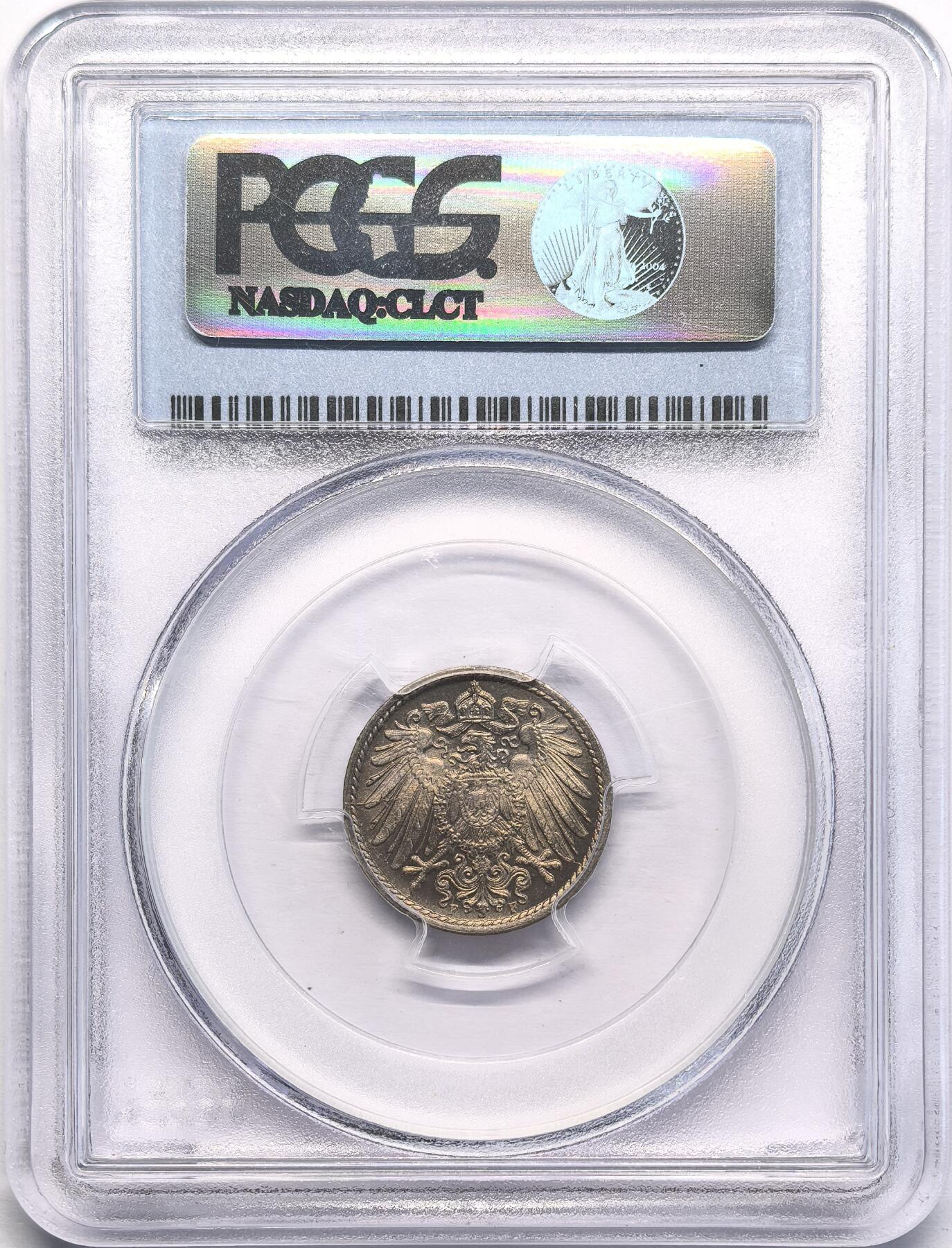 凡希社世界钱币微拍第二百八十一期 1907F德国帝国鹰5芬尼镍币PCGS-MS66，顶级品相。