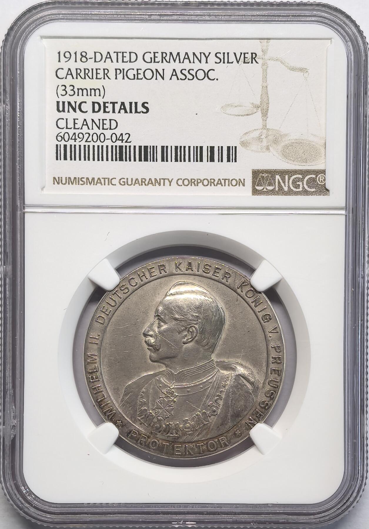 凡希社世界钱币微拍第二百八十一期 1918德国信鸽协会纪念银章NGC-UNCD