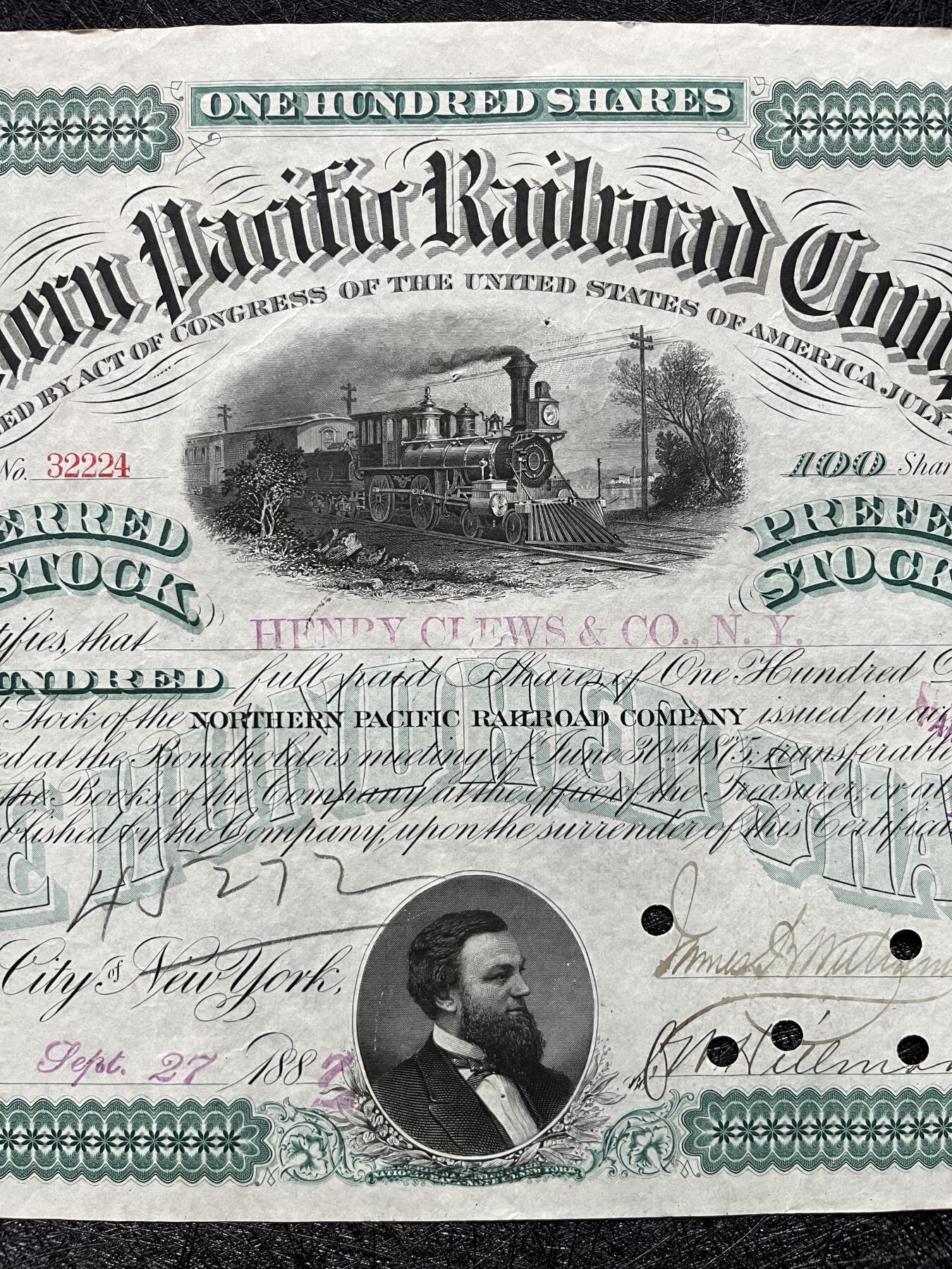 1887年北太平洋铁路公司股票