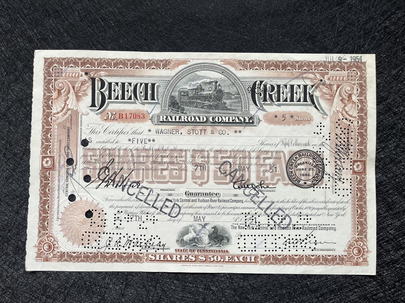 1952年比奇溪铁路公司股票