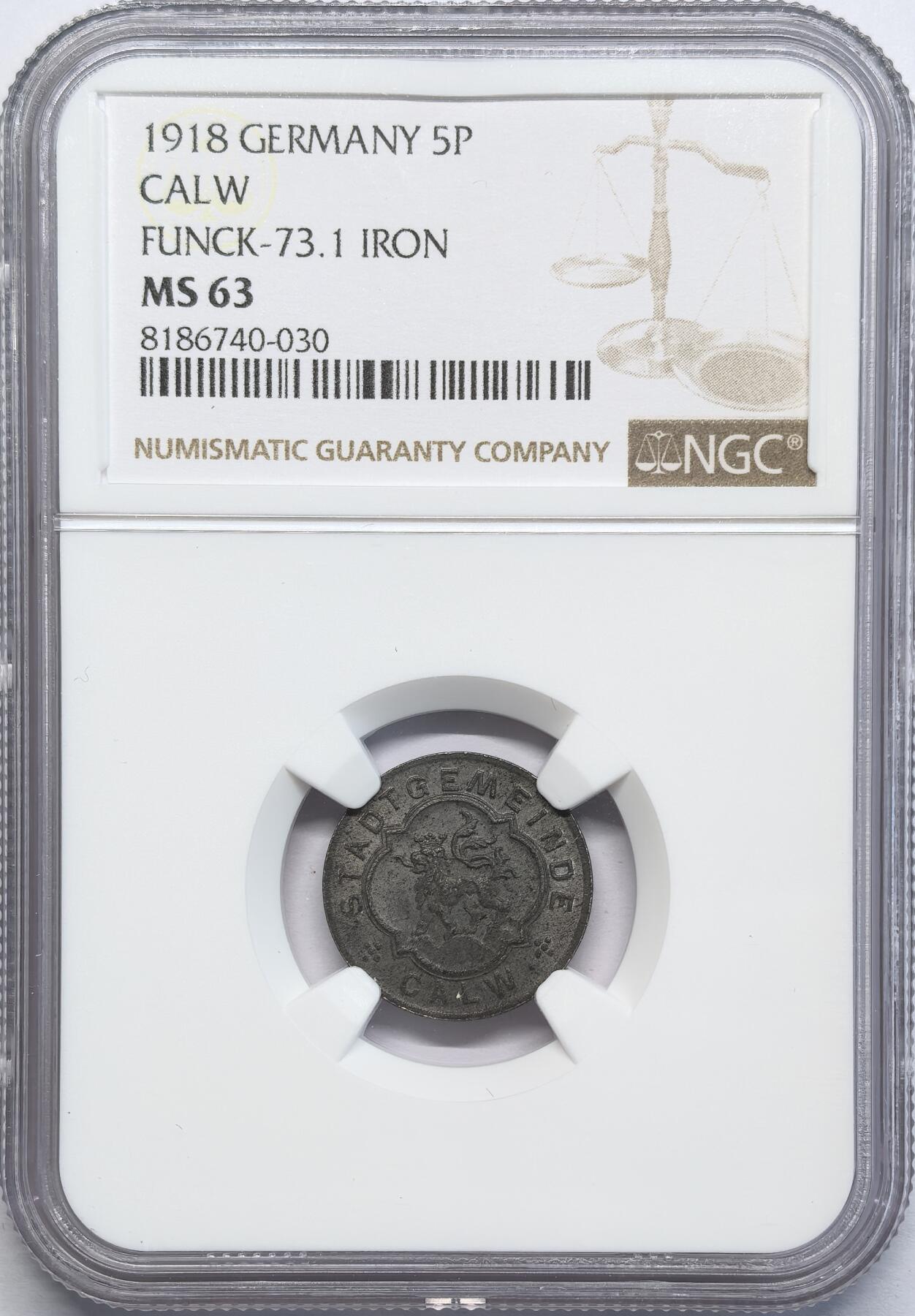 凡希社世界钱币微拍第二百八十一期 1918德紧卡尔夫5芬尼铁币MGC-MS63，无腐蚀，少见品种。
