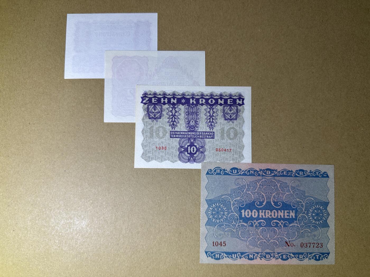 《张总收藏》163期-周日外币百拍精品场 奥地利1、2、10、100克朗4张 UNC 1922年老版本
