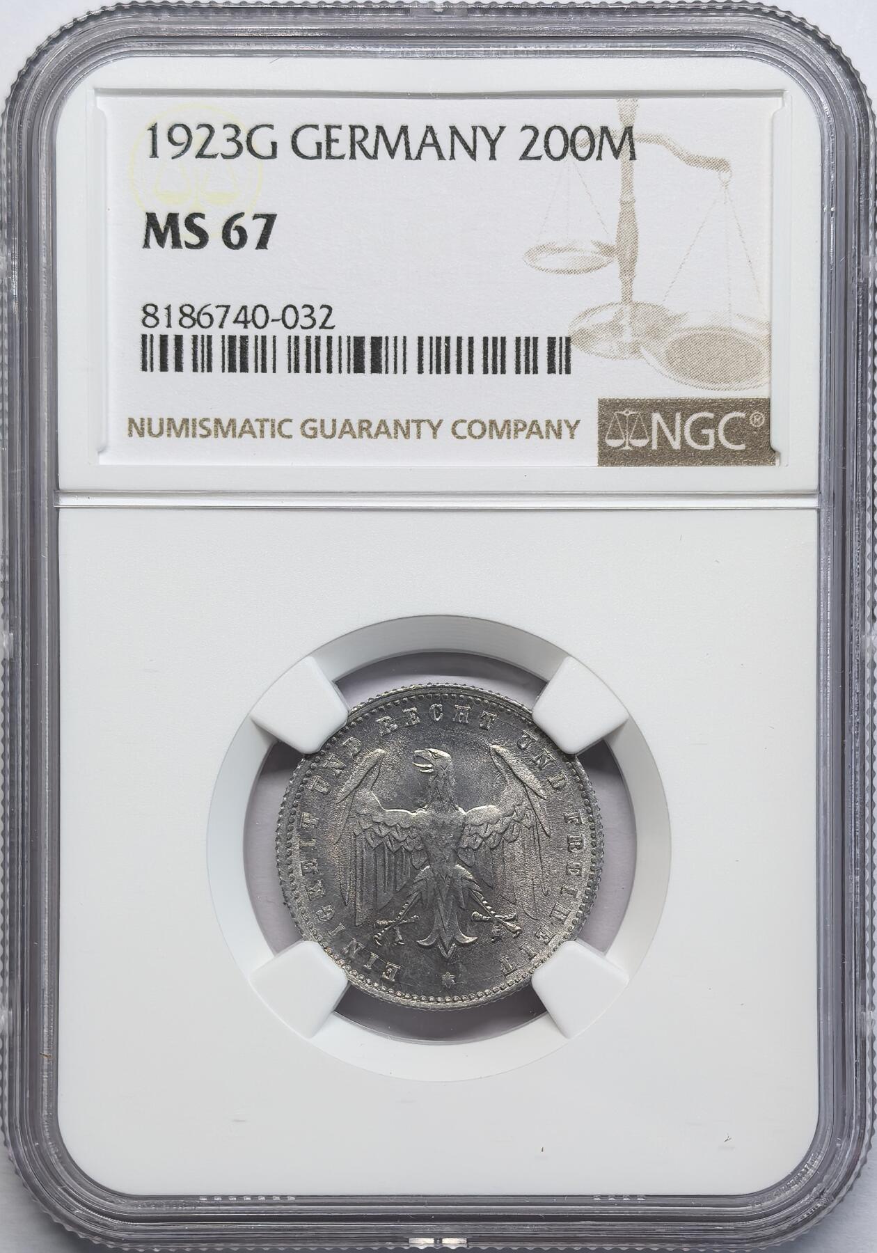 凡希社世界钱币微拍第二百八十一期 1923G德国200马克通胀币NGC-MS67，高分！