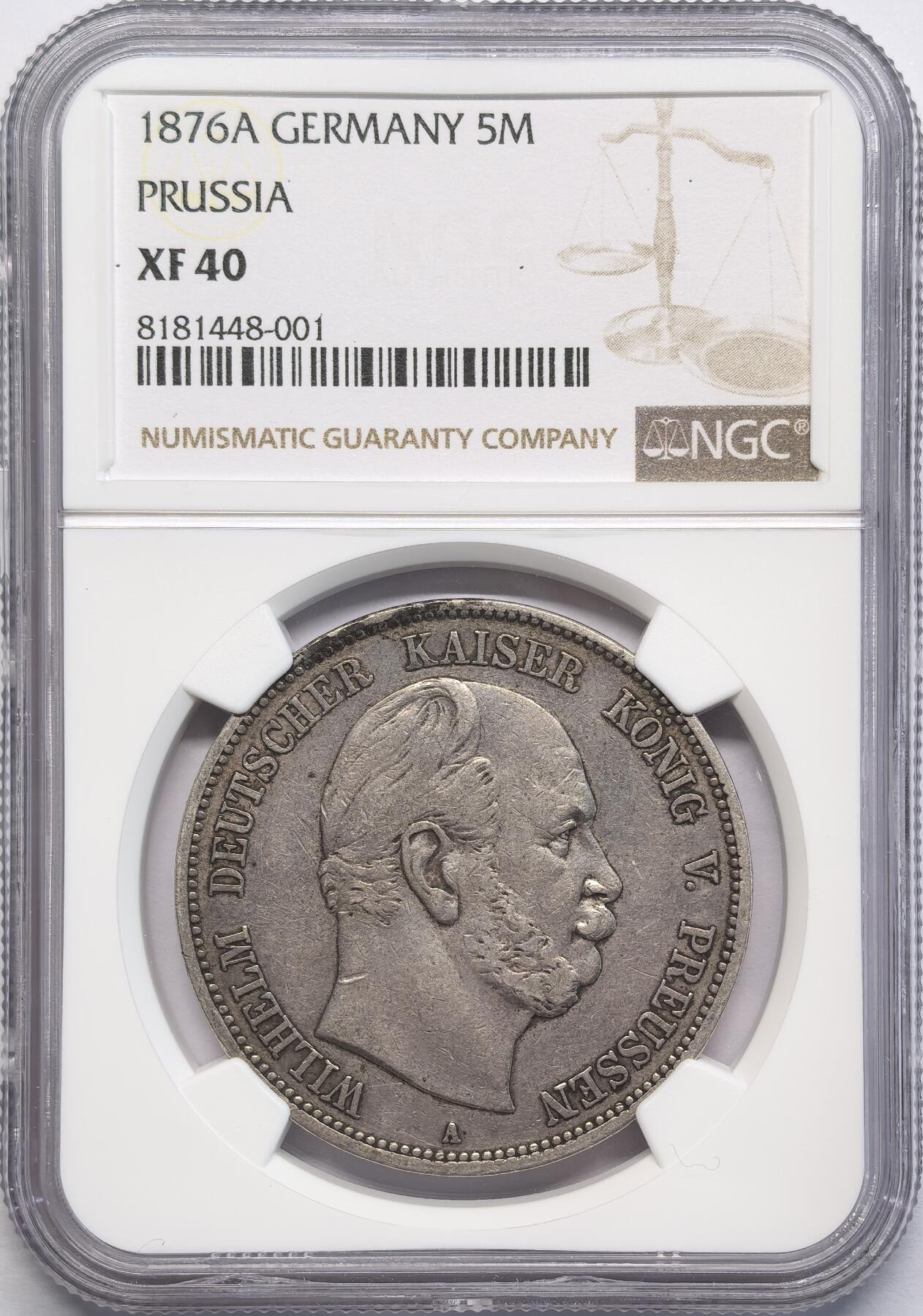 凡希社世界钱币微拍第二百八十一期 1876A德国普鲁士5马克短翅鹰NGC-XF40
