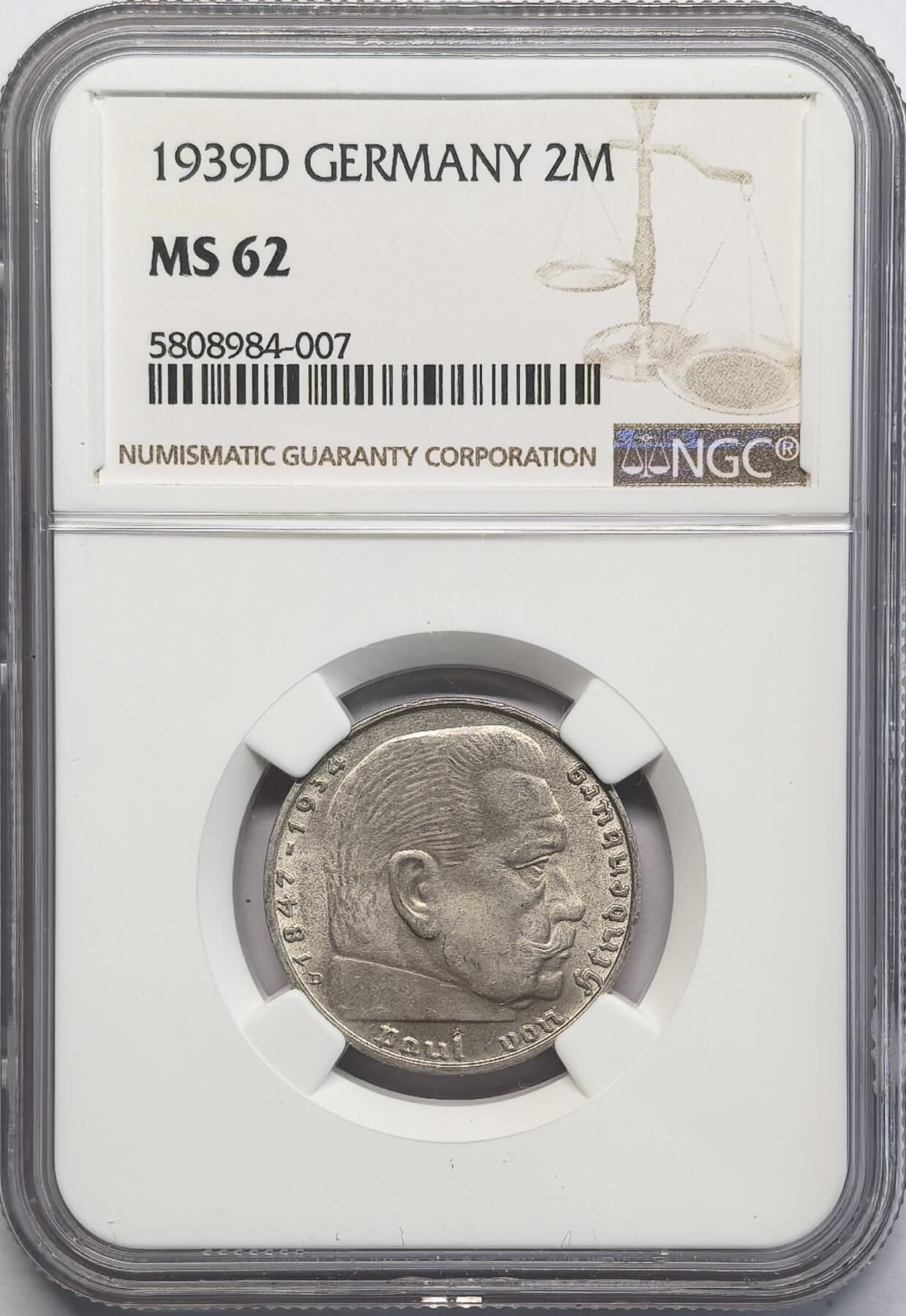 凡希社世界钱币微拍第二百八十一期 1939D德国兴登堡2马克银币NGC-MS62