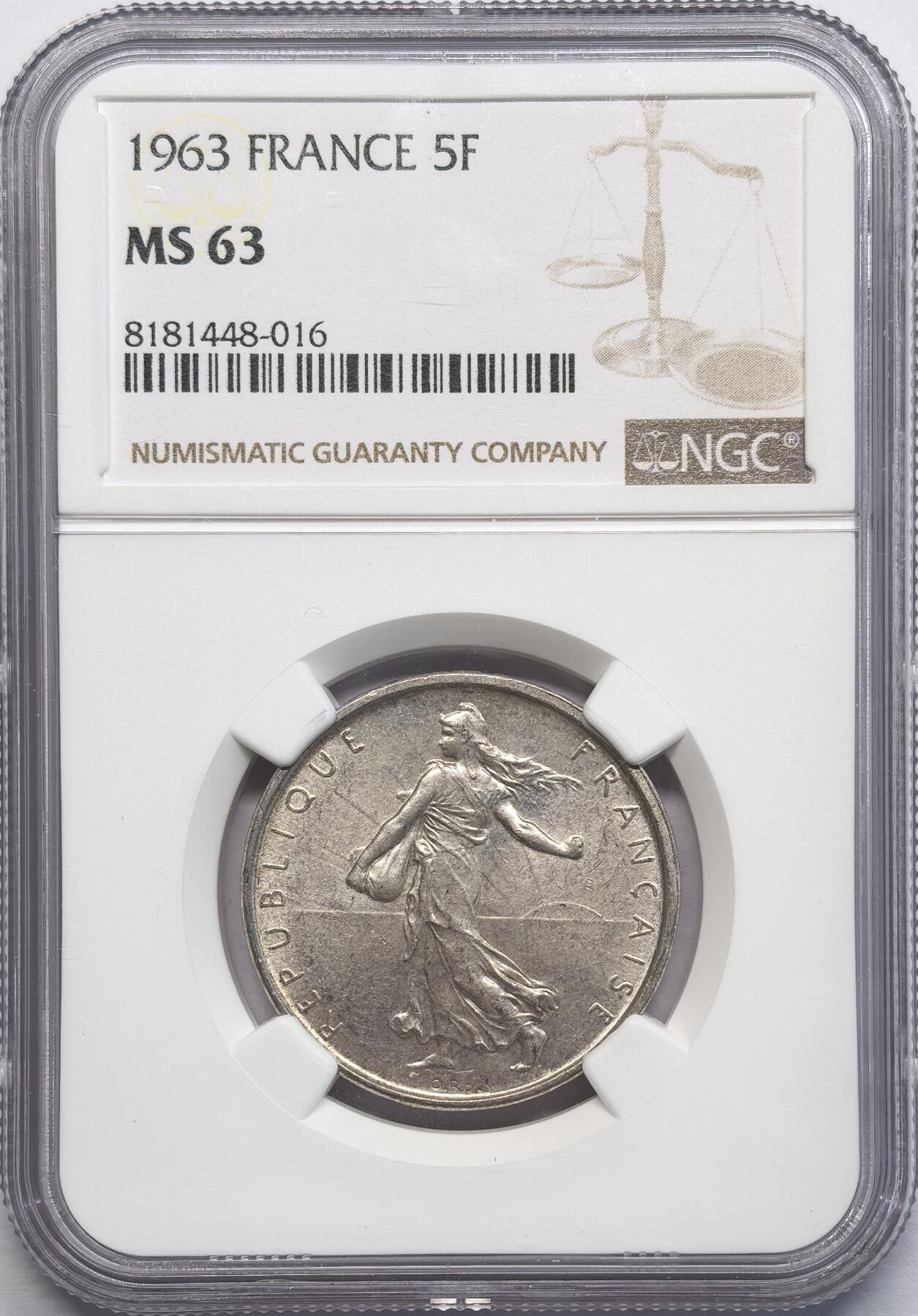 凡希社世界钱币微拍第二百八十一期 1963法国播种5法郎银币NGC-MS63