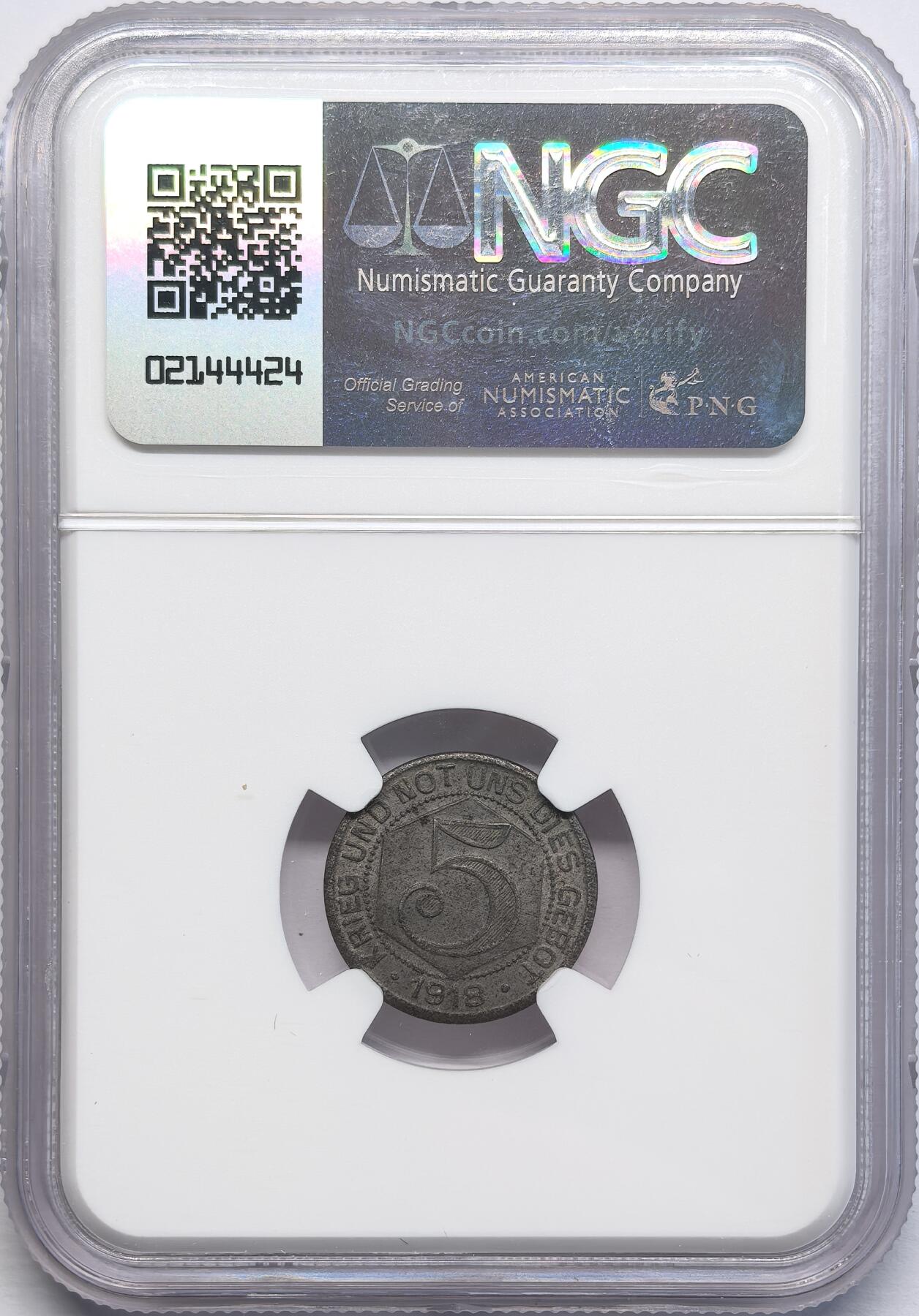 凡希社世界钱币微拍第二百八十一期 1918德紧卡尔夫5芬尼铁币MGC-MS63，无腐蚀，少见品种。