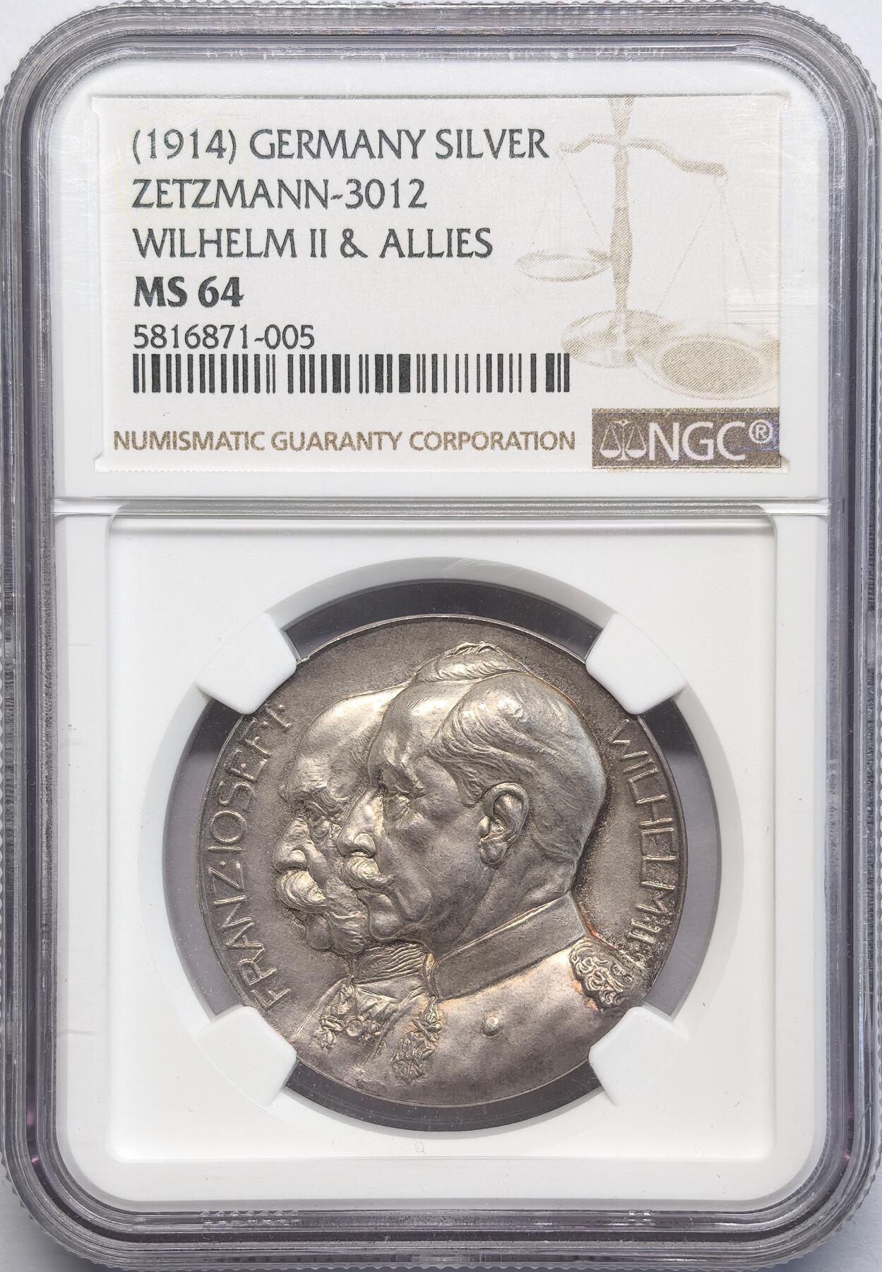 凡希社世界钱币微拍第二百八十一期 1914德国一战纪念银章NGC-MS64，正面德奥皇双头像，背面持剑斩龙图。