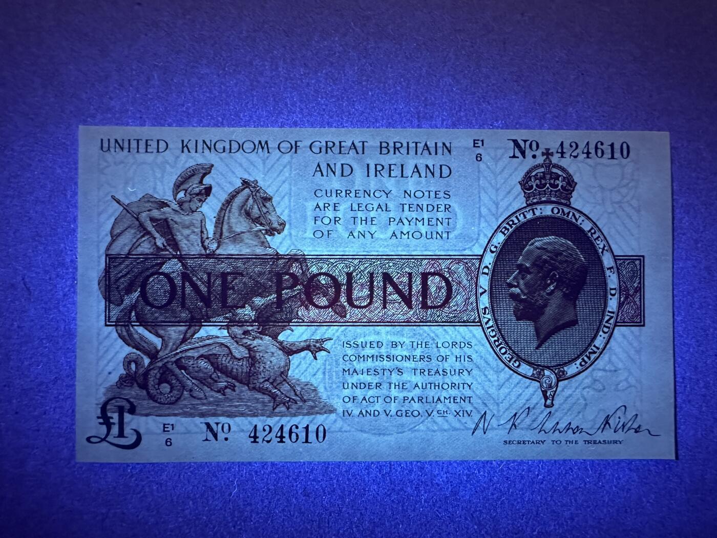 《张总收藏》163期-周日外币百拍精品场 英格兰1镑 UNC- 1923年国库券 有一处针孔