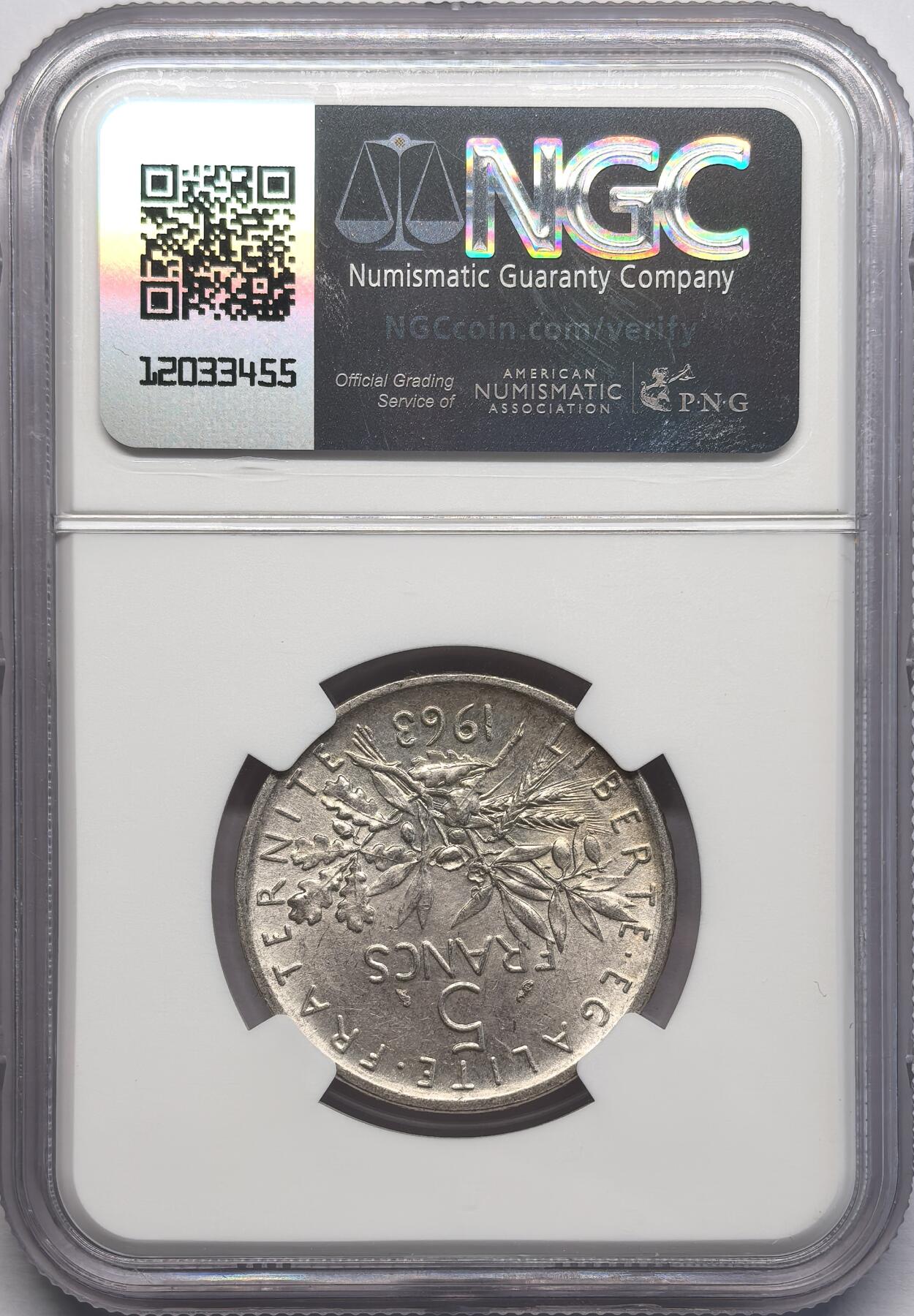 凡希社世界钱币微拍第二百八十一期 1963法国播种5法郎银币NGC-MS63
